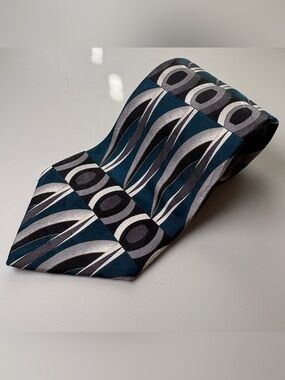 Mark Alexander Men's Silk Tie Extra Long Abstract Geometric Teal Silver Gray